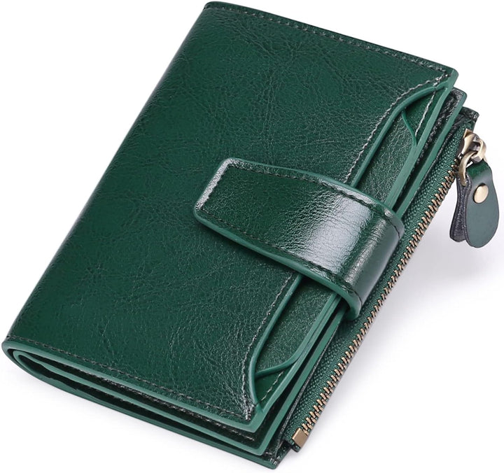 Travel-ready women's RFID blocking leather wallet, compact, holds cards, cash, & coins.