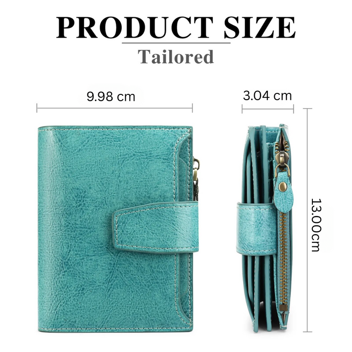 Small, elegant women's leather wallet, RFID blocking for card security & coin storage.