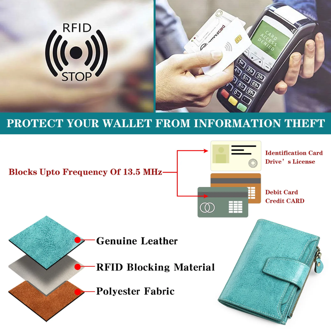 Women's compact leather wallet, RFID blocking for cards, designed for daily convenience.