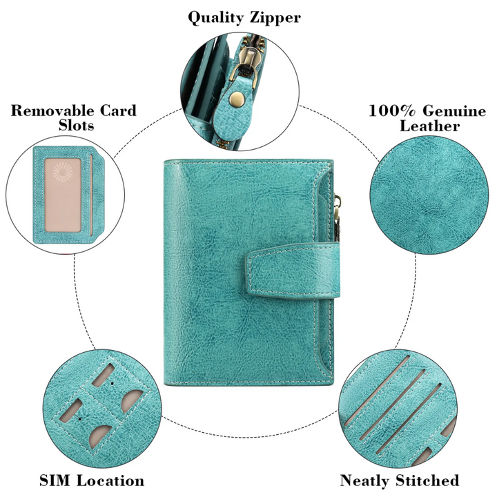 Multi-functional compact women's leather wallet, RFID safe for cards, bills & receipts.