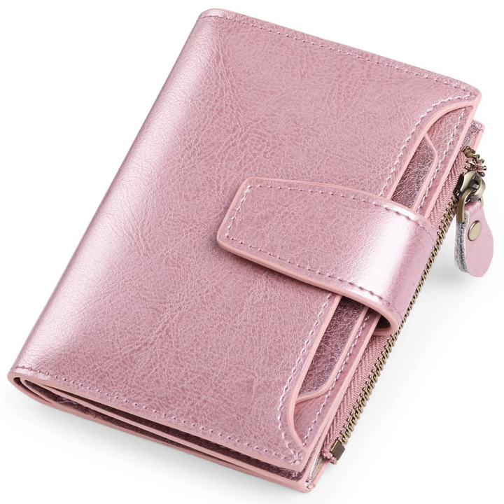 Durable women's leather wallet, RFID blocking, compact card holder & coin purse.