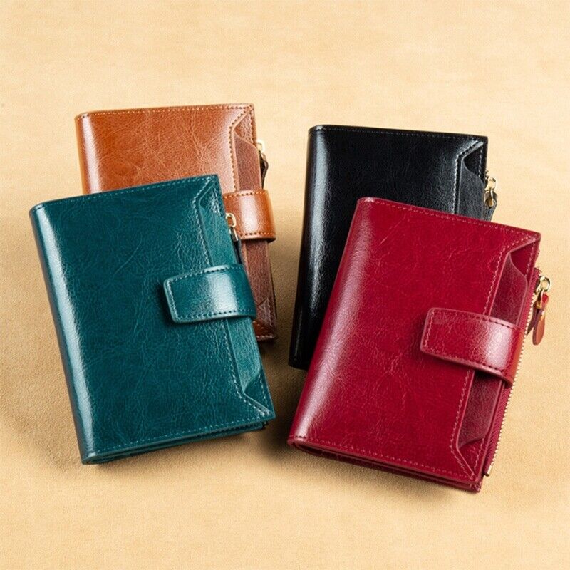 Compact multi-functional women's leather wallet with RFID blocking, card slots, and coin purse.