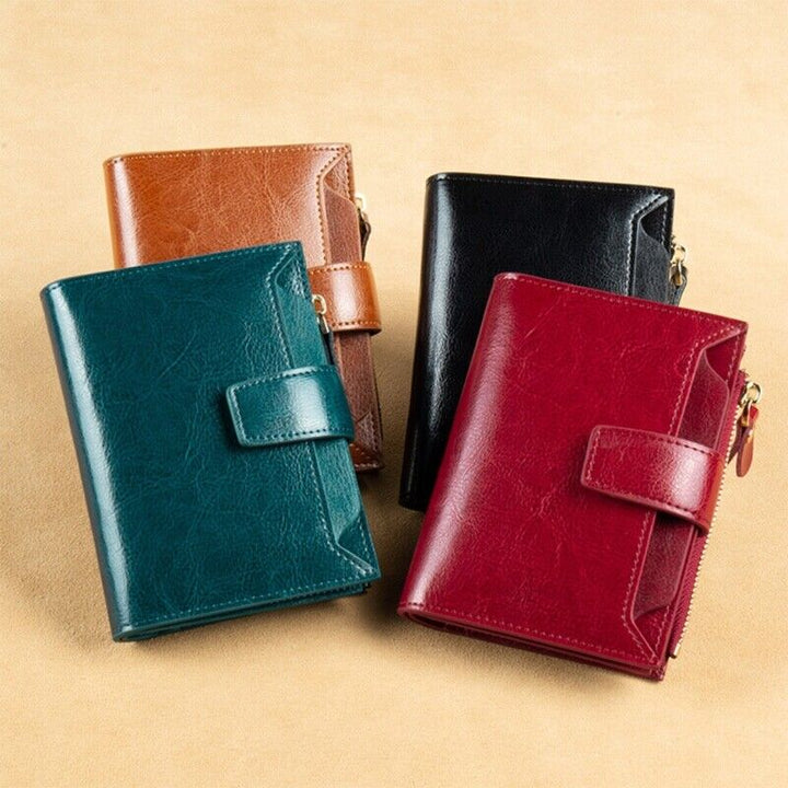 Compact multi-functional women's leather wallet with RFID blocking, card slots, and coin purse.