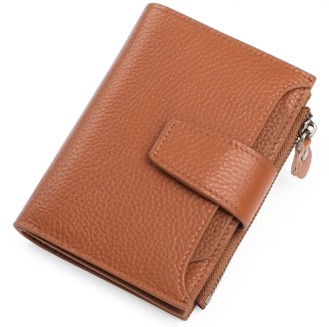 Women's everyday compact leather wallet, RFID blocking protection for cards & currency.