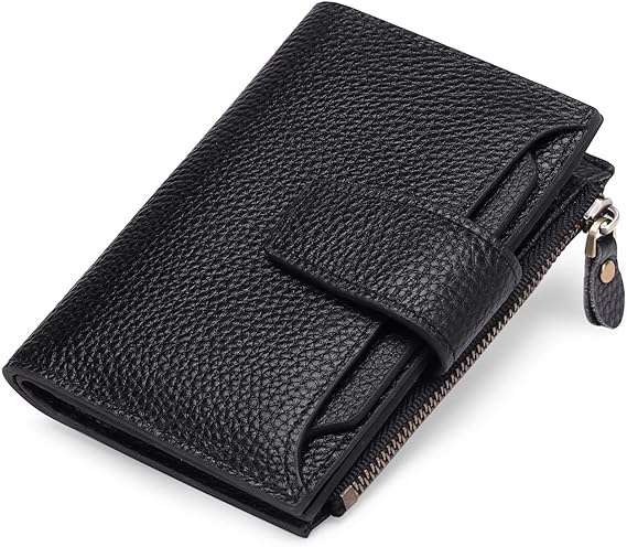 Women's versatile compact leather wallet, RFID protected for cards, IDs, & loose change.