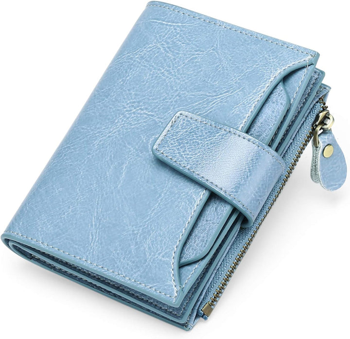 Women's slim RFID blocking leather wallet, multi-card holder & convenient coin section.