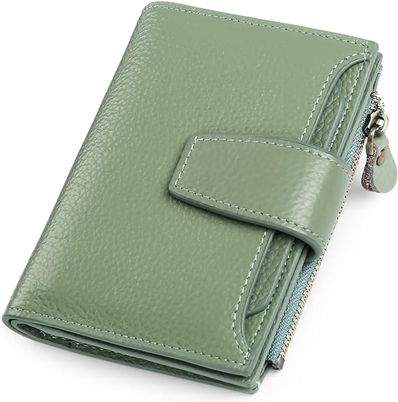 Stylish women's compact leather wallet with RFID protection, perfect for cards & change.