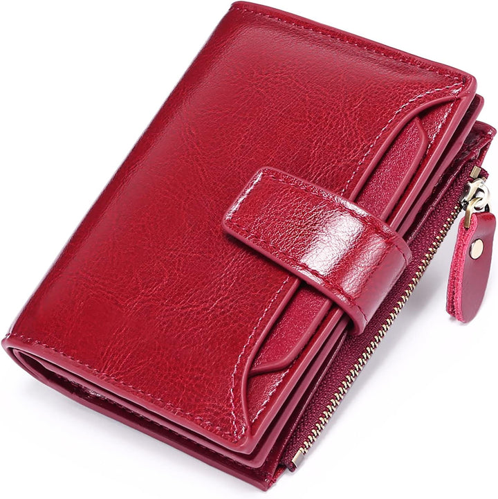 Multi-functional women's compact leather wallet, RFID secure for cards, bills, and coins.