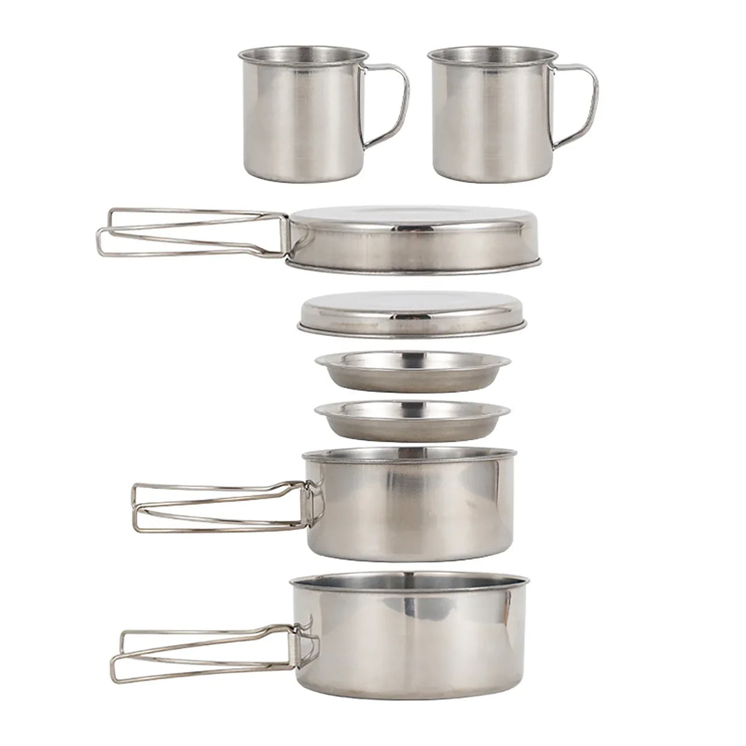 Enjoy hot meals outdoors with this portable stainless steel camping mess kit. Ideal for hiking & adventures.