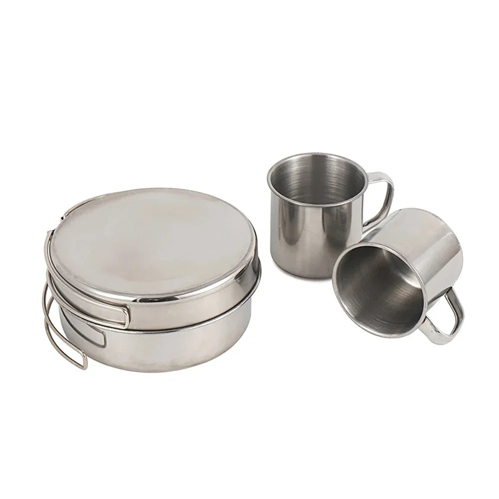 Complete compact stainless steel mess kit for camping, hiking, & outdoor cooking. Lightweight & durable.
