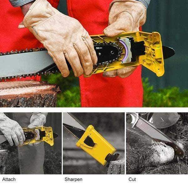 Handheld chainsaw sharpener tool demonstrating quick blade renewal. Perfect for garden tool & outdoor equipment care.