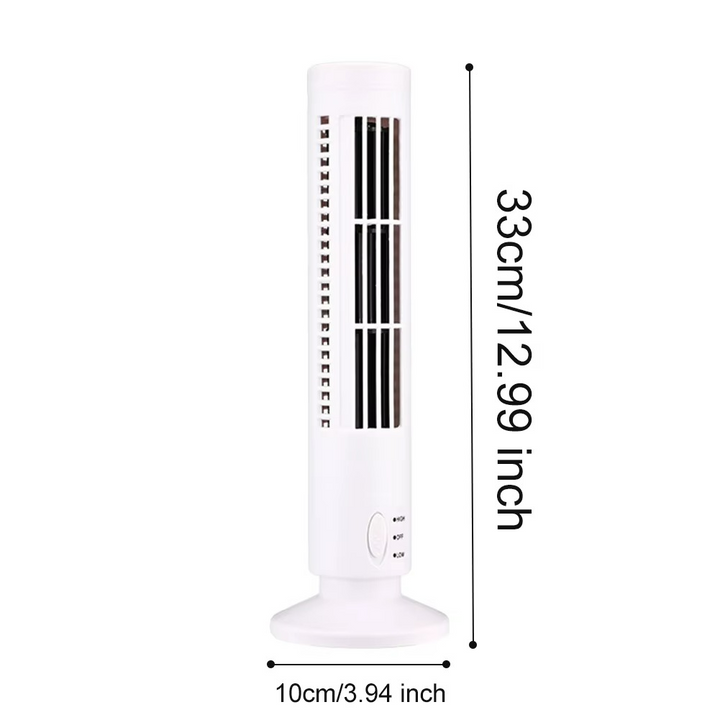 Compact silent bladeless tower fan for desk. Ideal home or office personal cooling, quiet operation.