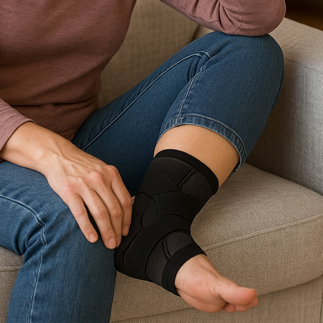 Athletic compression ankle sleeve, ideal for plantar fasciitis, sprains & sports recovery.