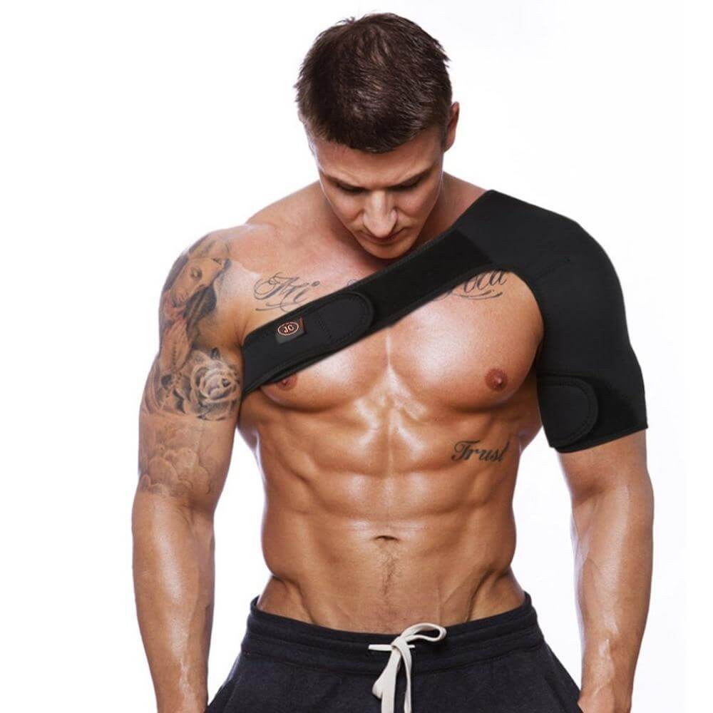 Unisex compression shoulder brace for pain relief & support. Adjustable for recovery from injuries or strains.