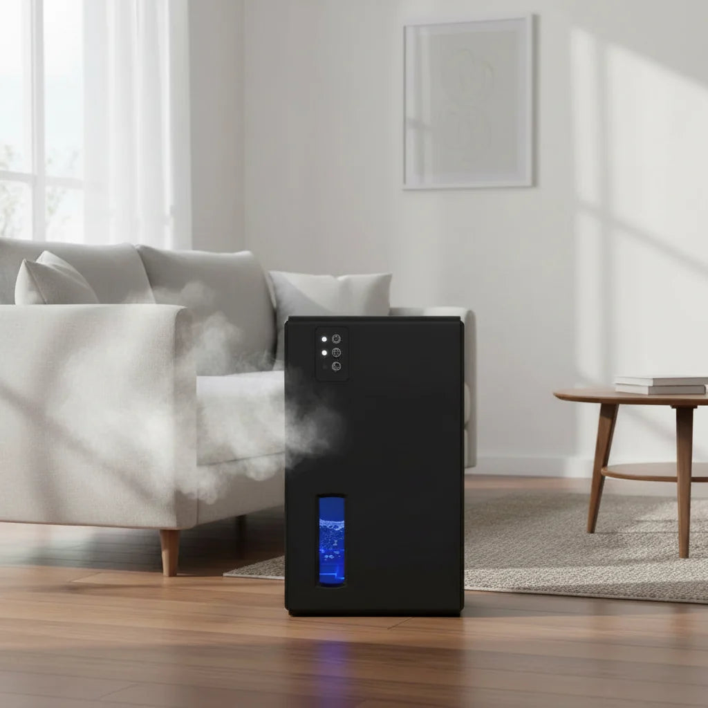 Quiet home dehumidifier with digital control, compact for basements and bedrooms. Improves air quality & moisture control.