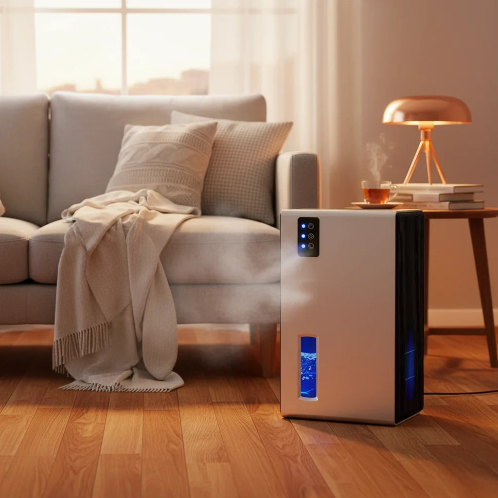 Sleek, compact quiet home dehumidifier, perfect for effective moisture control in bedrooms and basements. Digital display.