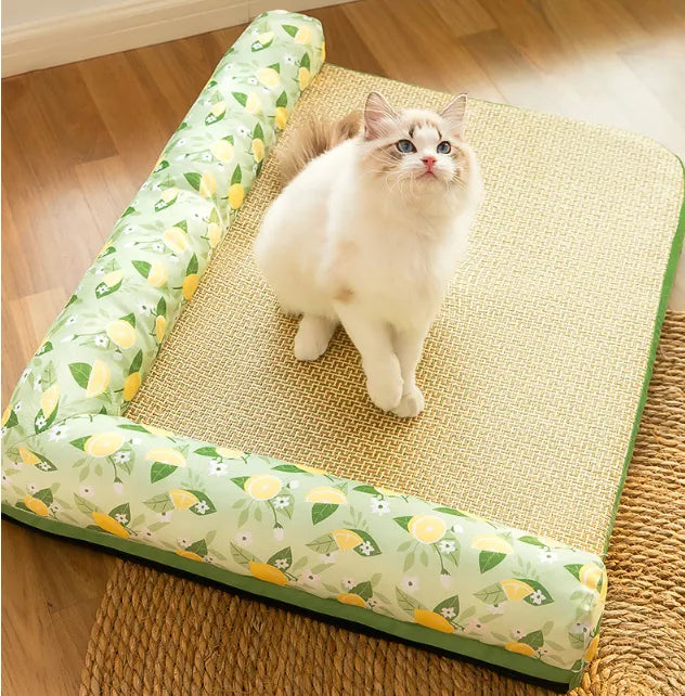 Washable cat cooling mat with a comfortable raised edge, perfect summer pet bed for heat relief.