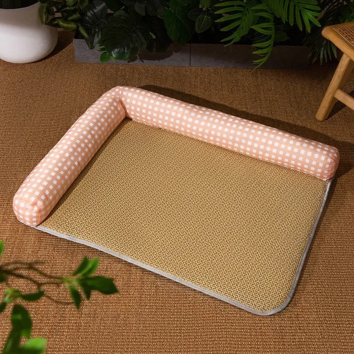 Pet cooling mat with raised edge for cats & small dogs. Offers summer heat relief & comfort.