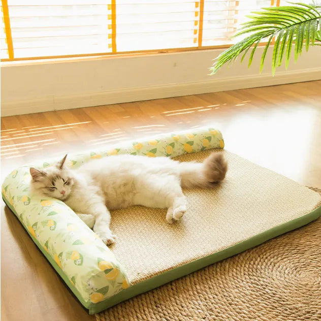 Cat enjoying a summer cooling mat with a raised edge, seeking heat relief & ultimate comfort.