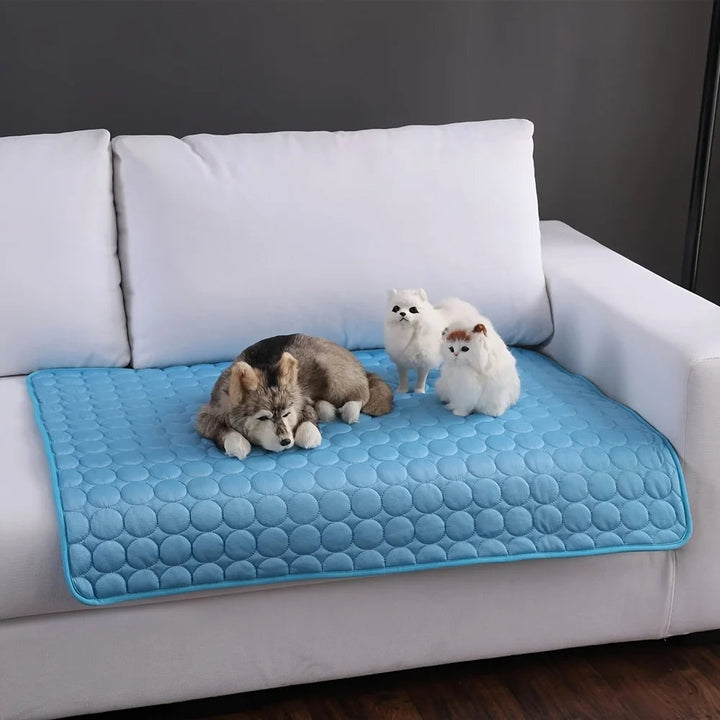Washable & portable self-cooling mat for pets. Provides heat relief & comfort for dogs and cats in summer.