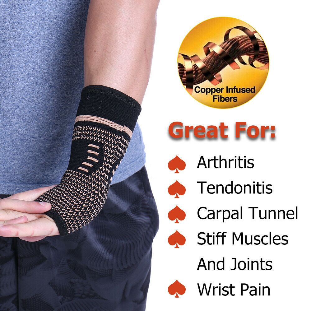 Copper compression therapy wrist & hand sleeve for carpal tunnel syndrome & tendonitis relief.