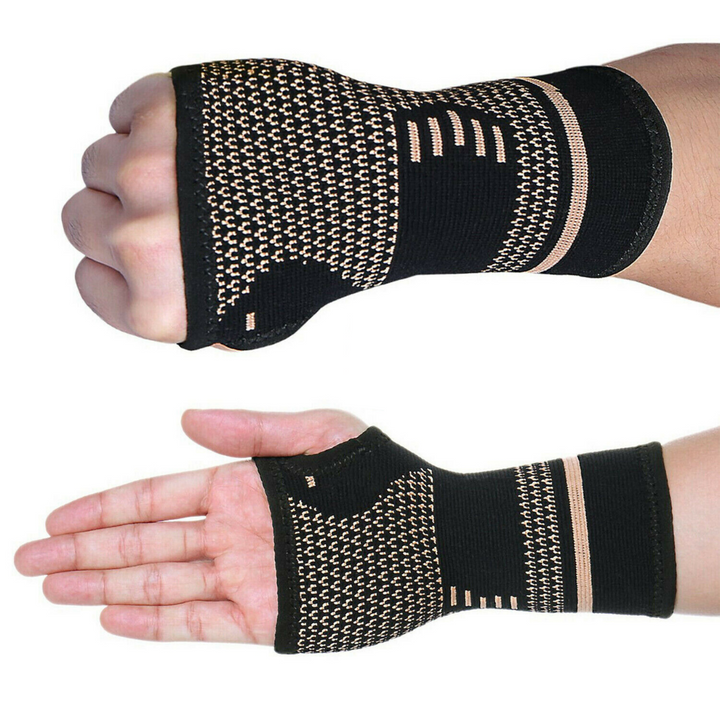 Unisex copper compression wrist & hand brace for carpal tunnel, arthritis, & pain relief.