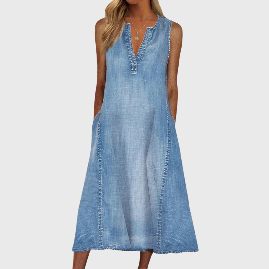 Women's blue V-neck sleeveless midi dress, effortless & comfortable for summer casual wear with pockets.