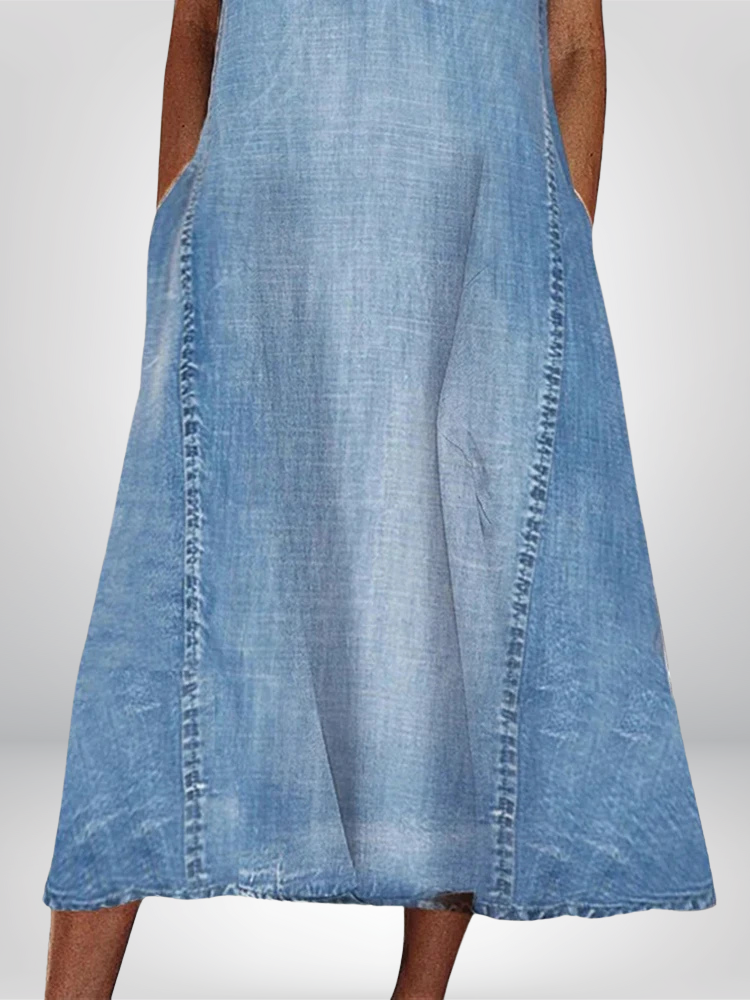 Effortless women's blue V-neck sleeveless midi dress. Comfortable flared design with pockets, ideal for summer.
