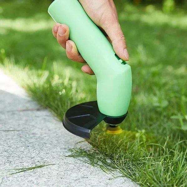 Compact cordless mini weed trimmer with battery, perfect for portable lawn care, precise edging, and small yard work.