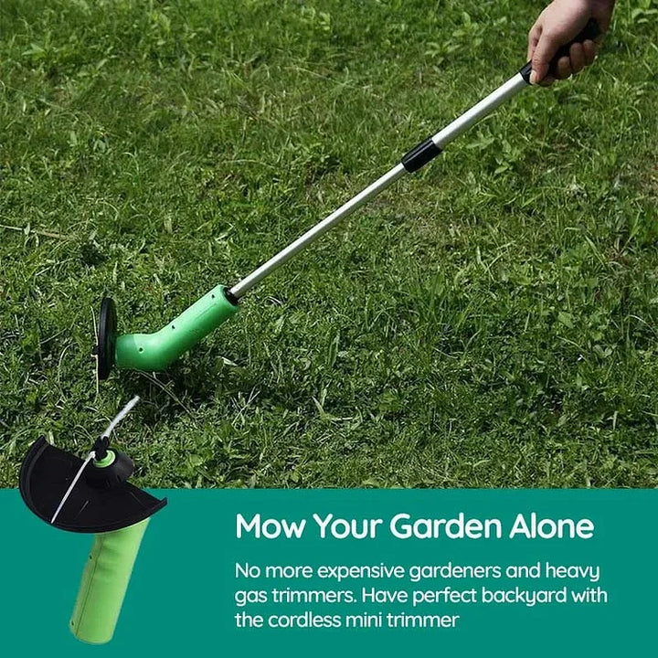 Handheld cordless mini grass cutter, ideal for yard work & garden maintenance. Portable battery-powered landscaping tool.