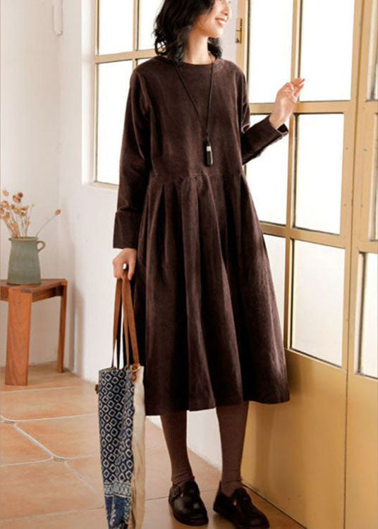 Elegant women's A-line corduroy dress for autumn and winter. Long sleeve Emilia style, comfortable fall fashion.