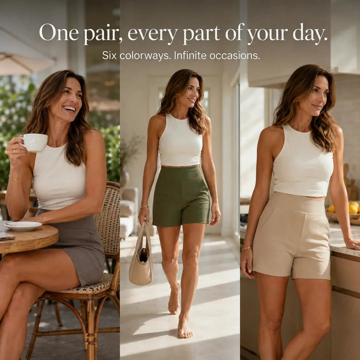 Figure-flattering Cordwyn high waist stretch shorts for women, combining style, comfort, and useful pockets.
