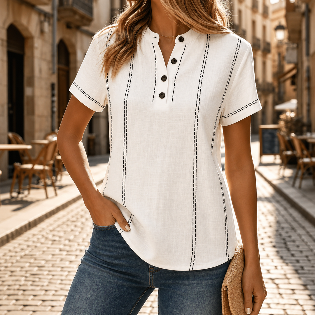 Women's casual short sleeve Henley top with chic stripe detail, perfect for summer comfort.