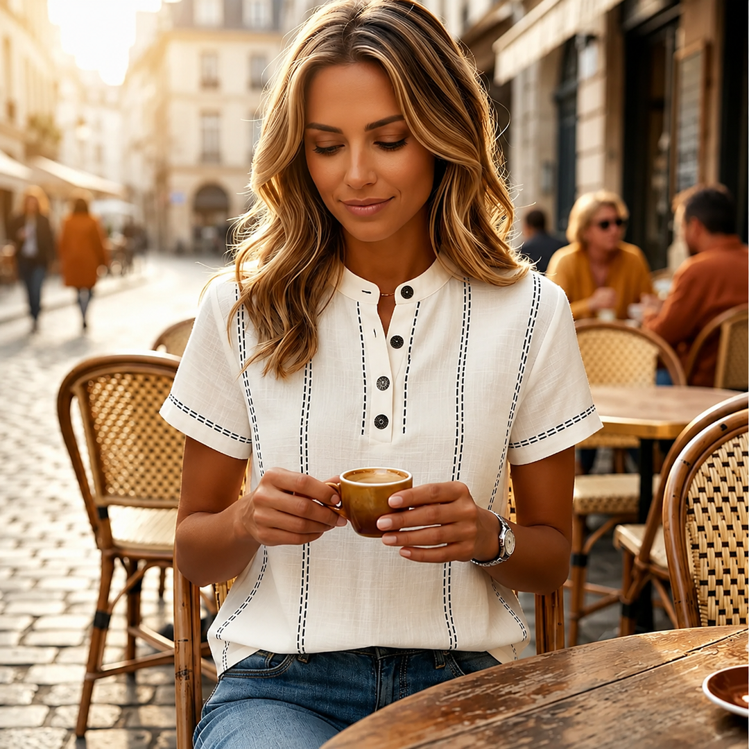 Soft, comfortable women's striped short sleeve Henley, great for casual summer outfits.