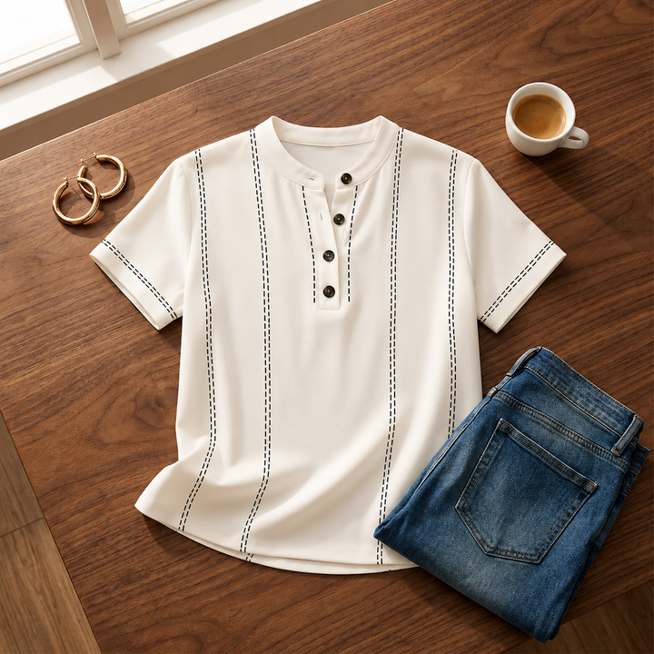 Fashionable women's short sleeve Henley top, featuring a comfy relaxed fit and stylish stripes.