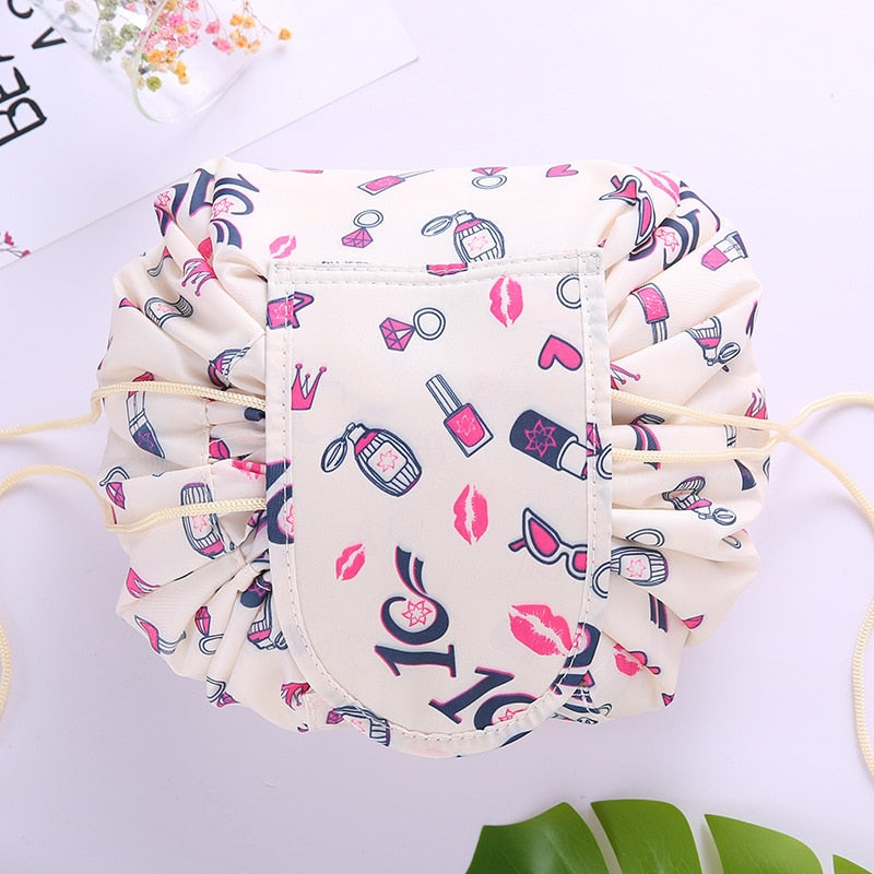 Versatile women's portable drawstring travel bag for makeup, cosmetics, & toiletries.