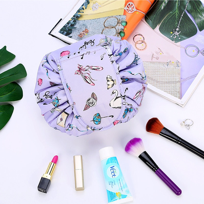 Multi-functional drawstring travel organizer for women. Holds cosmetics, makeup, & beauty products.