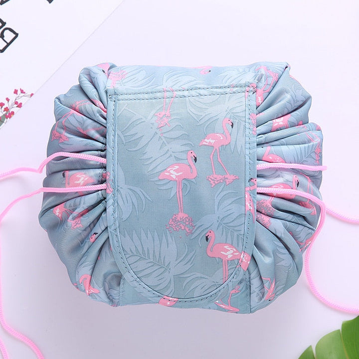 Compact drawstring makeup organizer for women. Perfect portable beauty travel bag.