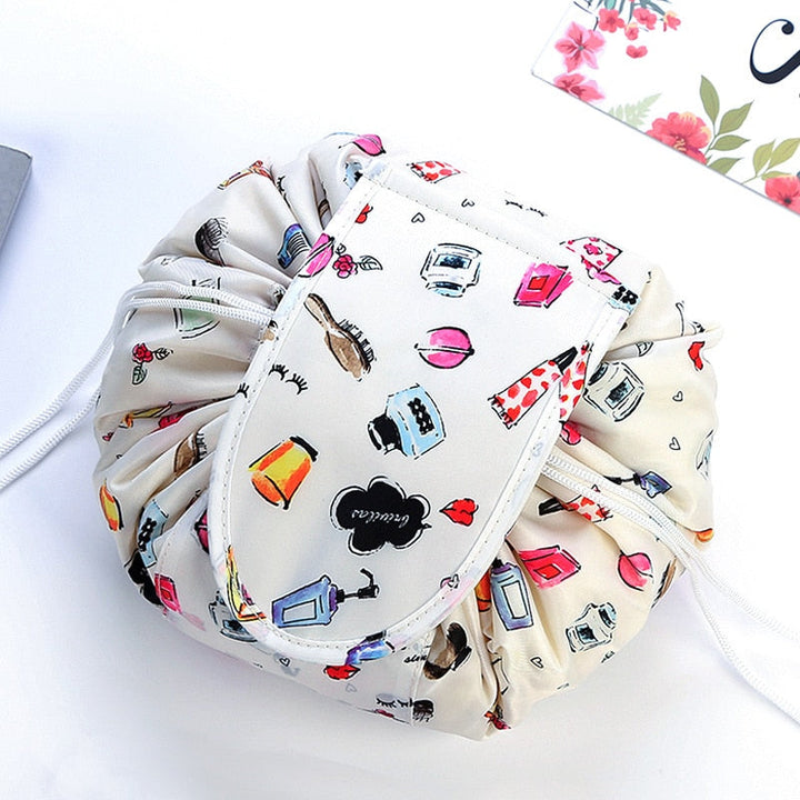 Stylish portable drawstring makeup bag for women. Ideal for travel & daily beauty organization.