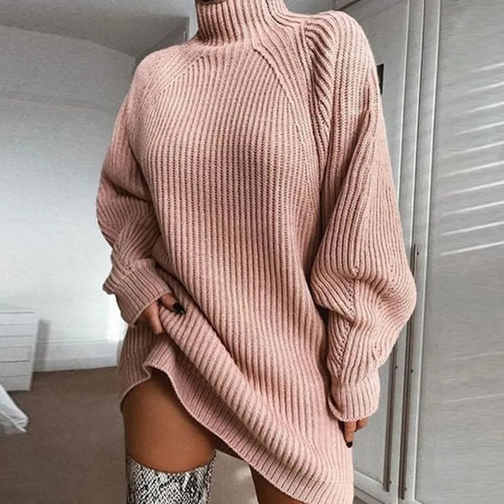 Chic women's Celeste cozy turtleneck sweater dress, flattering and comfortable for winter wear.