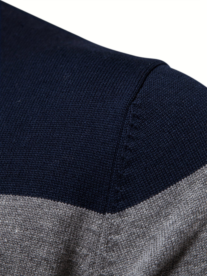 Man wearing a stylish cotton knit half-zip pullover sweater, ideal for comfortable fall and winter outfits.