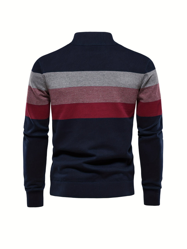 Versatile men's cotton knit half-zip pullover sweater, great for layering in fall & winter casual wear.