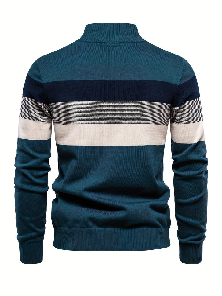 Long sleeve men's half-zip pullover, a comfortable cotton knitted sweater for stylish fall & winter outfits.