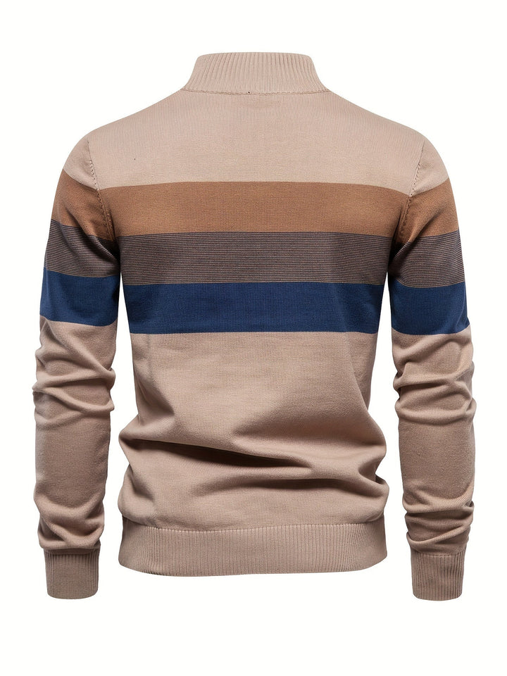 Color block men's half-zip cotton knit sweater, a stylish pullover for modern fall and winter casual wear.