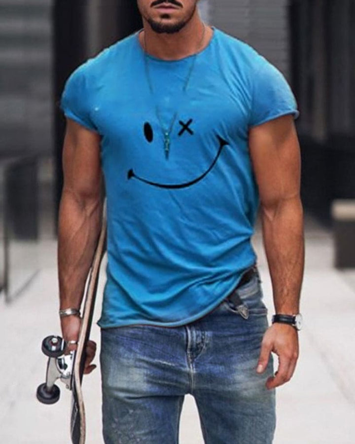 Man wearing a relaxed fit Arlo patterned cotton t-shirt. Perfect casual summer clothing for comfort & everyday style.
