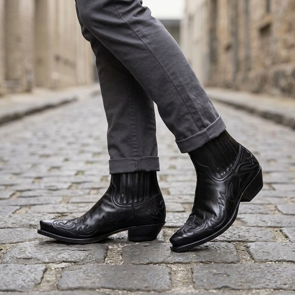 Classic men's western ankle boots in black, featuring a sharp pointed toe for fashion.
