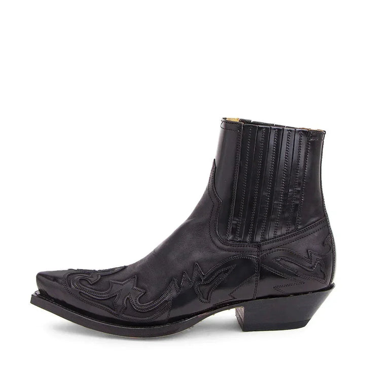 Men's classic brown pointed toe western ankle boots for rugged casual style.