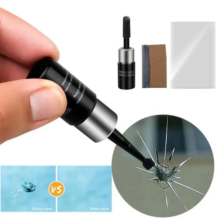 DIY auto glass repair kit, fixing windshield cracks & chips. Black resin applicator for clear results. Car care.