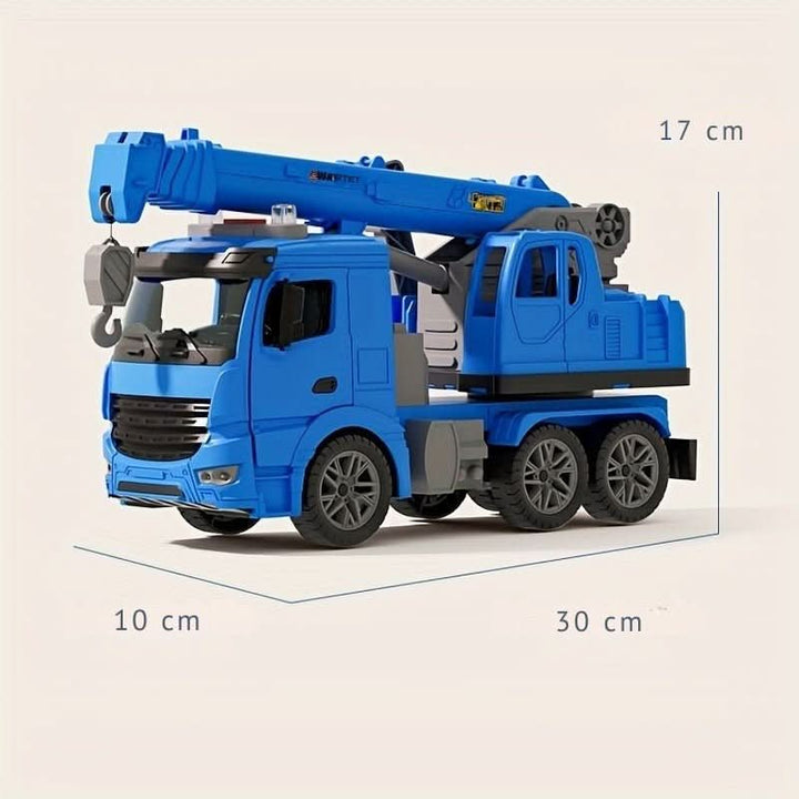Detailed yellow kids' crane toy, showing the cabin, extendable arm, hook, lights, and sound features.