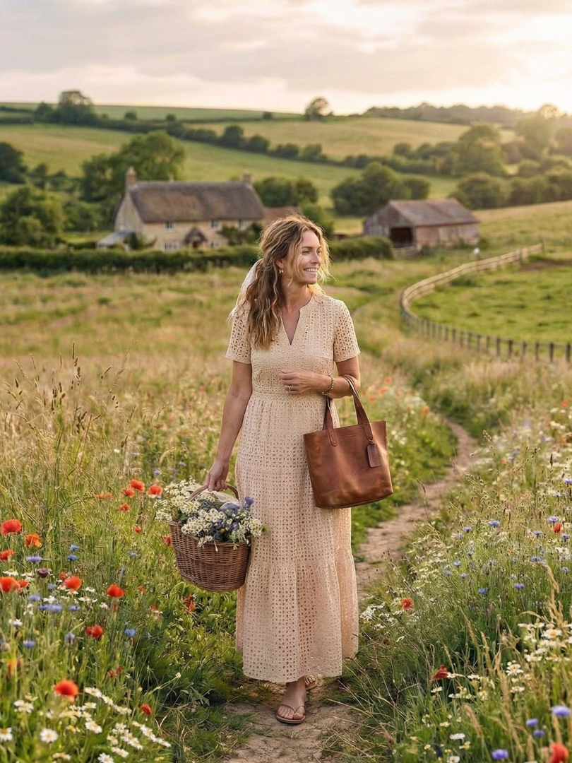 Elegant women's beige tiered midi dress. Casual summer sundress, short sleeves.